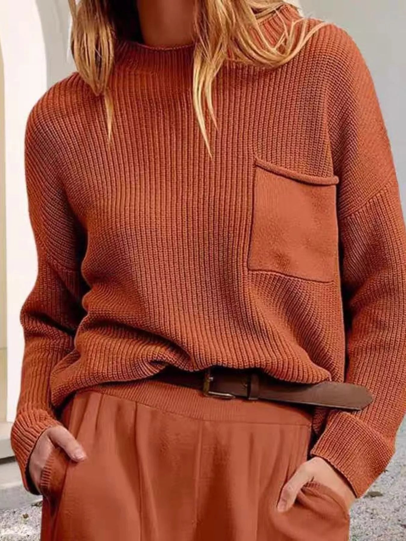Pocket Detail Dropped Shoulder Sweater Orange One Size OutfitFlow