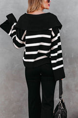 Outfit Flow - Striped Johnny Collar Long Sleeve Sweater