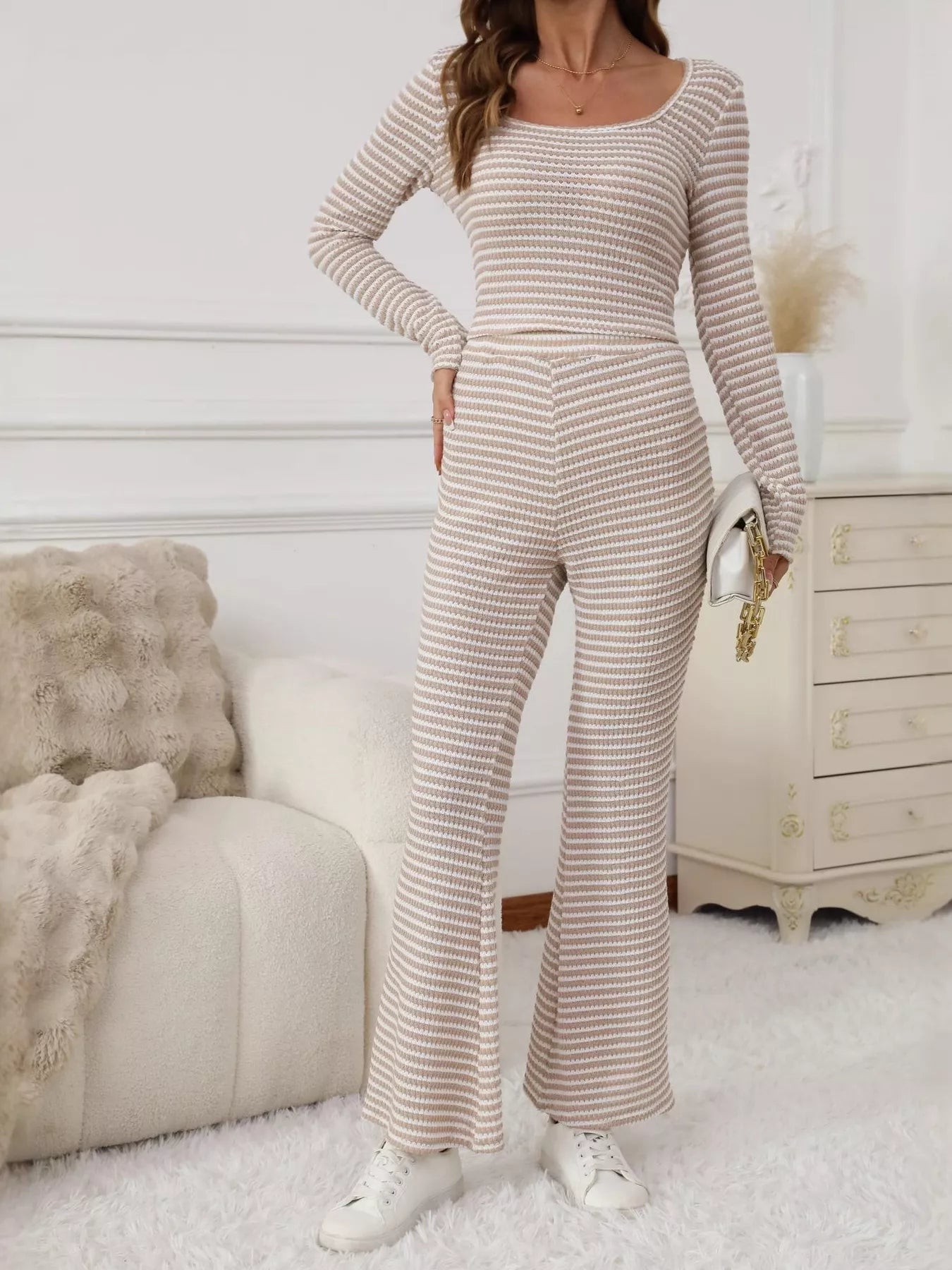 Striped Knit Long Sleeve Top & Flare Leg Pants Set Apricot OutfitFlow
