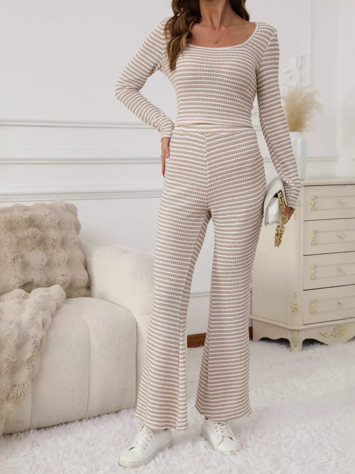 Striped Knit Long Sleeve Top & Flare Leg Pants Set Apricot OutfitFlow