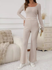 Striped Knit Long Sleeve Top & Flare Leg Pants Set Apricot OutfitFlow