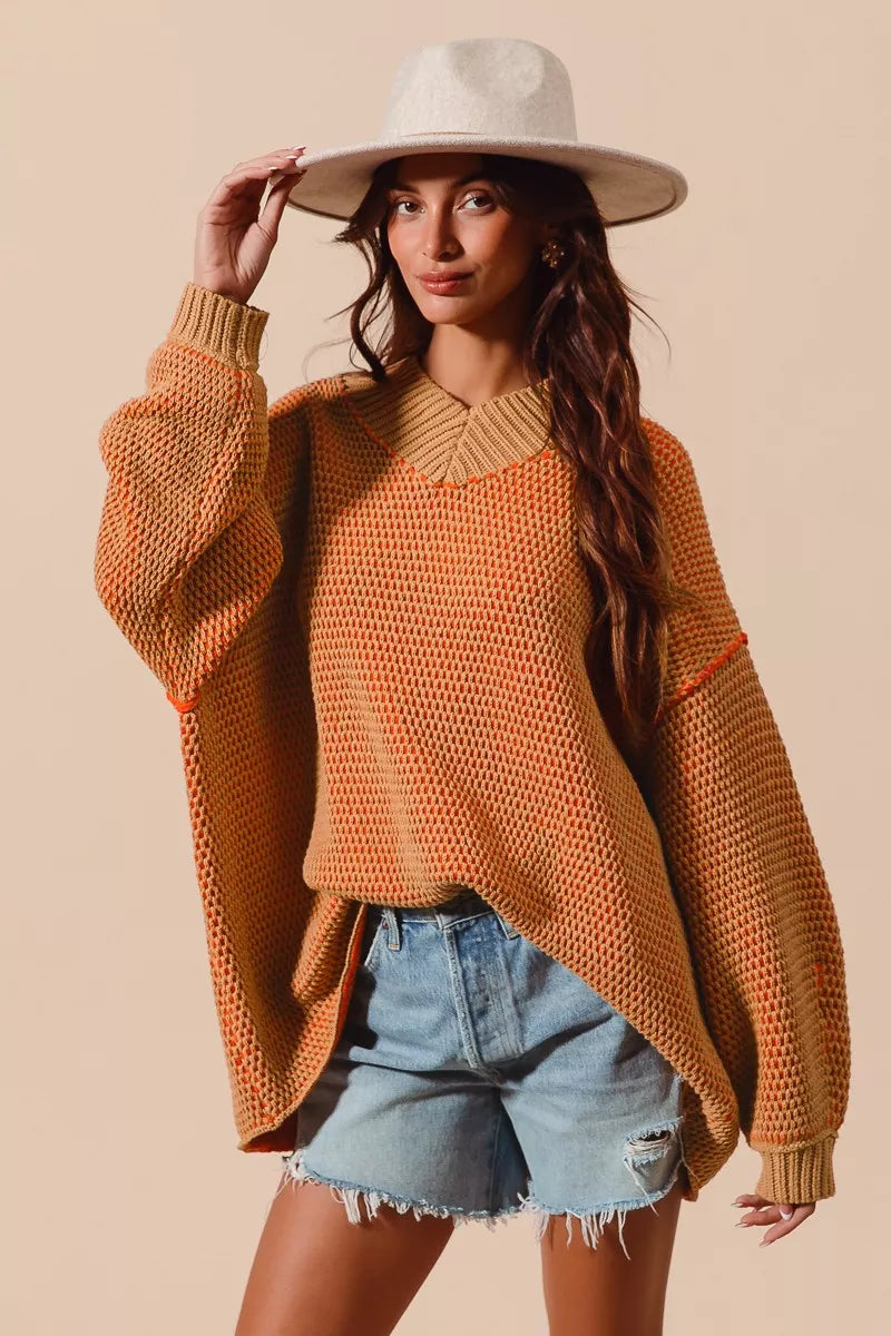 SO ME Oversized Two Tone Textured V Neck Sweater OutfitFlow