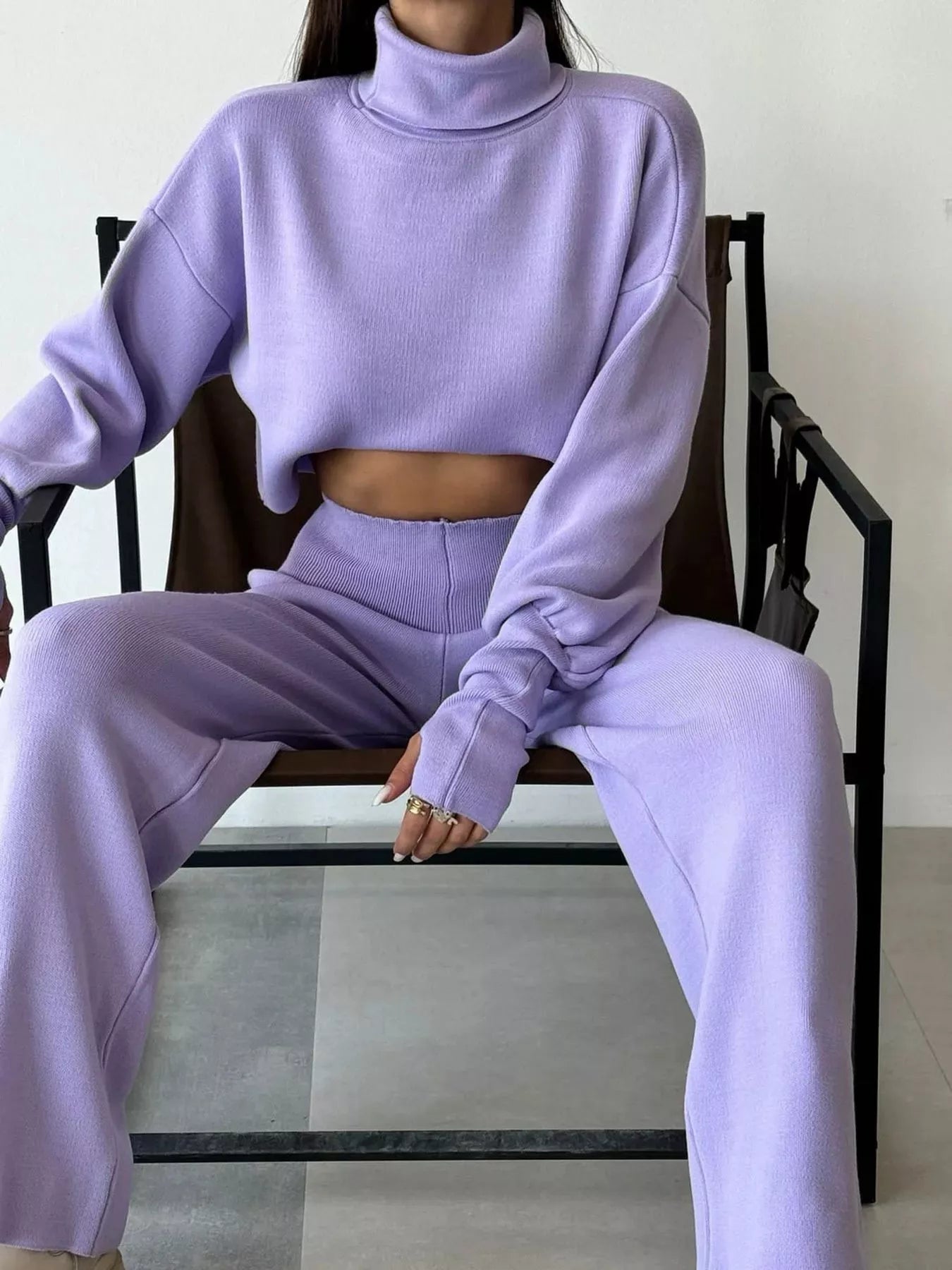 Turtleneck Long Sleeve Top & Pants Set OutfitFlow