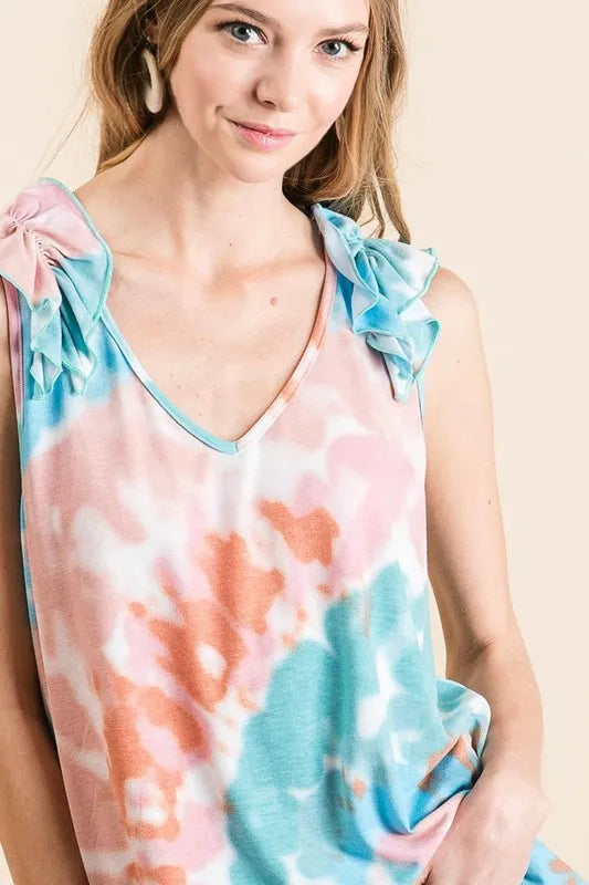 BiBi Circular Tie Dye Knit V Neck Top With Ruffle OutfitFlow
