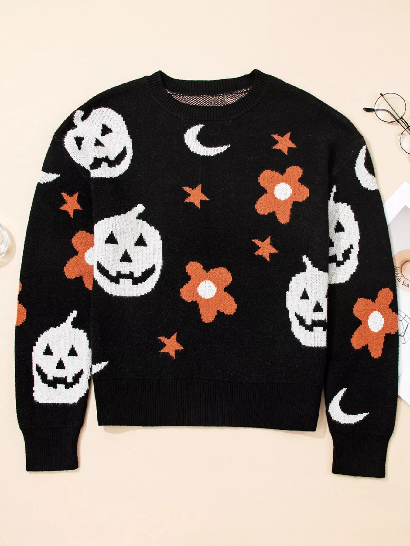 Halloween Gothic Pattern Long Sleeve Sweater OutfitFlow