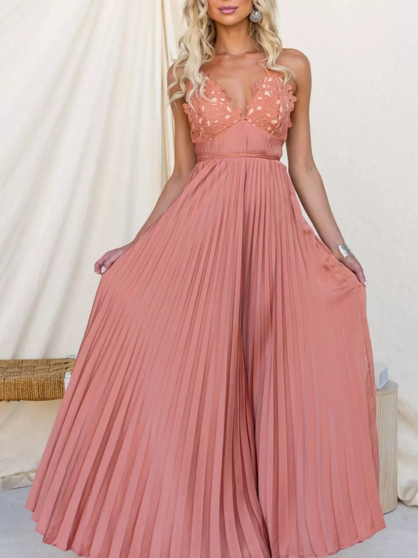 Pleated Backless Maxi Cami Dress OutfitFlow