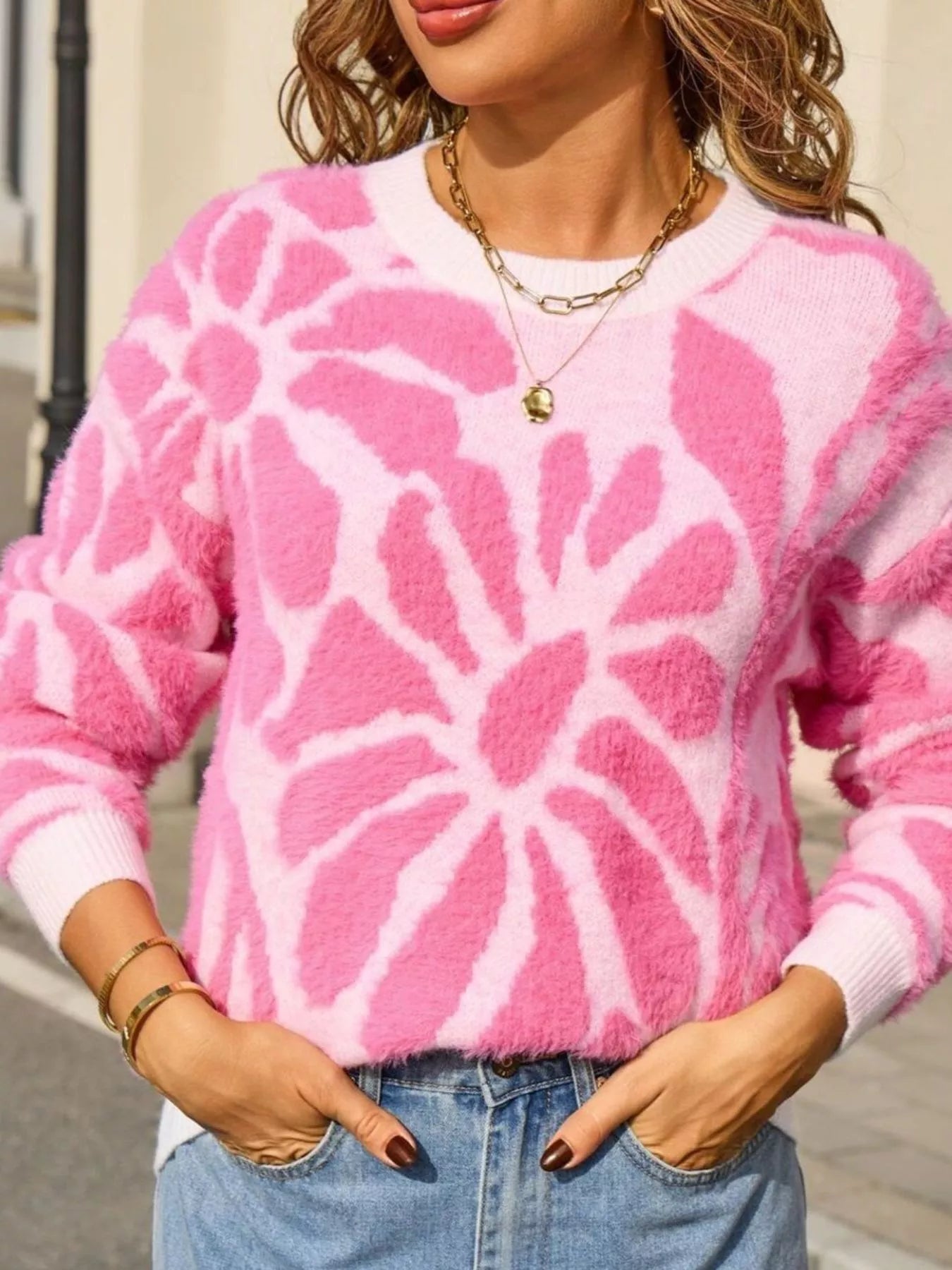 Fuzzy Knit Round Neck Sweater Trendsi