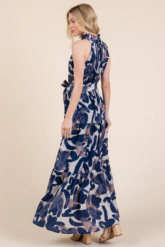 Lime 'N' Chili Abstract Halter Neck Tie-Waist Tiered Maxi Dress OutfitFlow