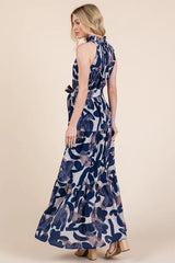 Lime 'N' Chili Abstract Halter Neck Tie-Waist Tiered Maxi Dress OutfitFlow