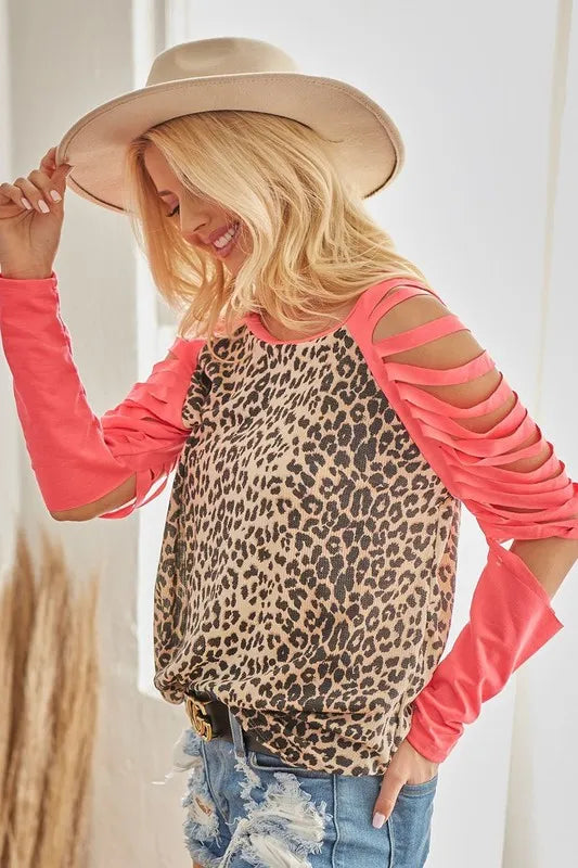 BiBi Leopard Thermal Top with Tie Dye Laser Cut Sleeves OutfitFlow