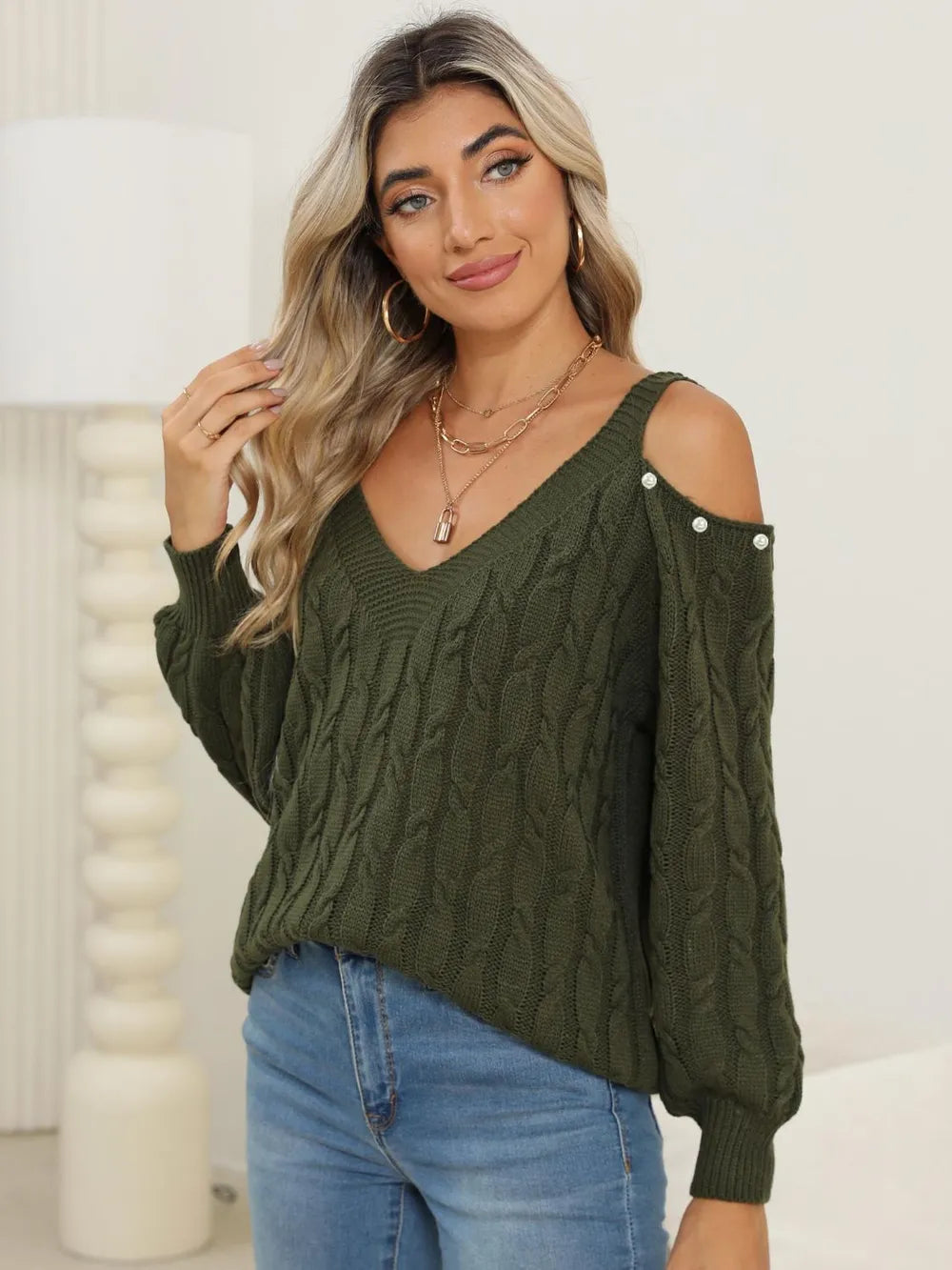 Cable-Knit Cold Shoulder Sweater OutfitFlow