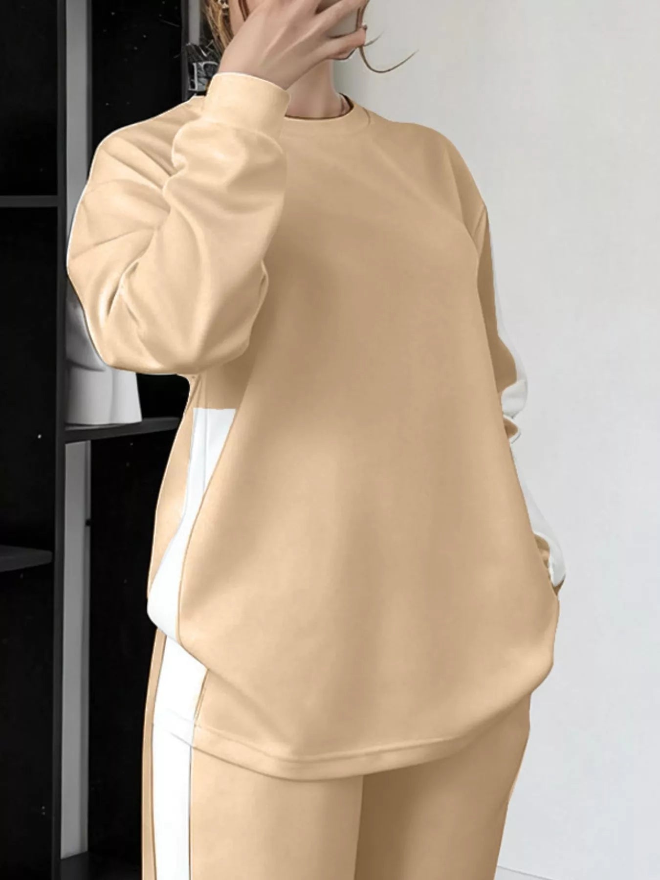 Full Size Contrast Round Neck Top and Pants Set Plus Size OutfitFlow