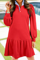 Contrast Striped Collar Patchwork Puff Sleeve Ruffle Hem Mini Dress Red OutfitFlow