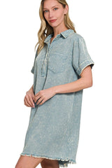Zenana Tencel Mineral Washed Collared Shirts Dress OutfitFlow