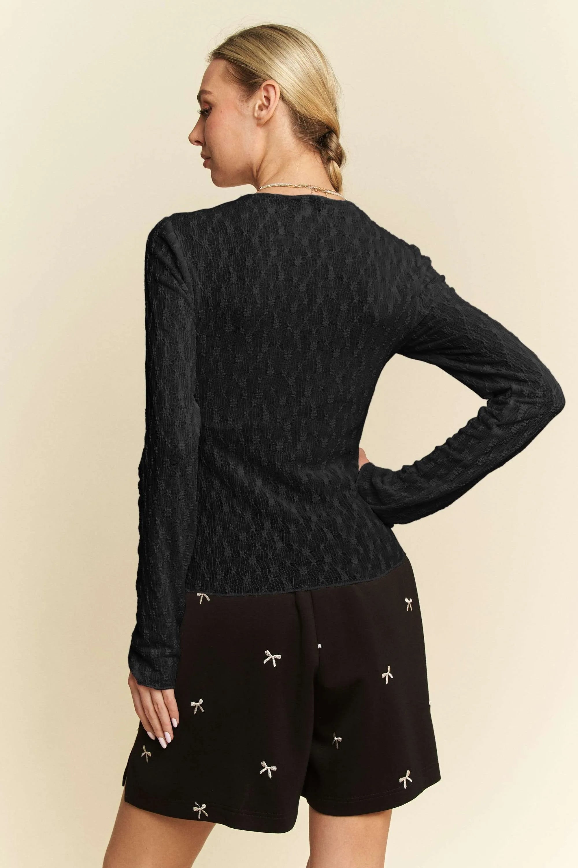 Davi & Dani Long Sleeve Sheer Small Embroidered Bows Lace Top OutfitFlow
