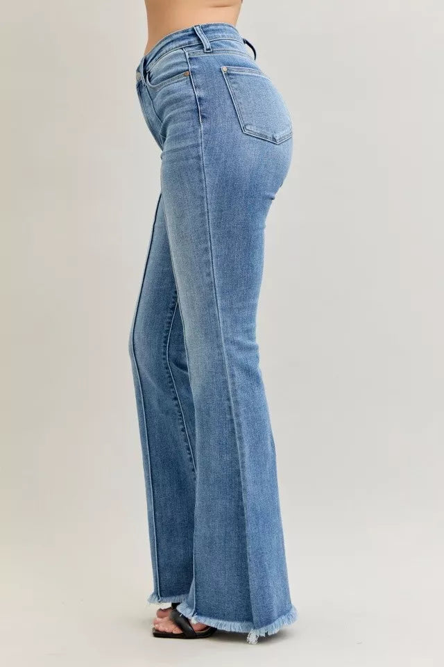 Judy Blue High Waist Flare Fray Hem Jeans with Front Pintuck Detail OutfitFlow