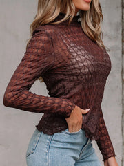 Sheer Mesh Patterned Lettuce Trim Slim Long Sleeve Top OutfitFlow