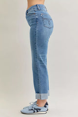 Judy Blue High Waist Bf Criss-cross Mild Destroy Jeans with Single Cuff OutfitFlow