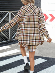 Plaid Button Up Shirt and Skirt Set OutfitFlow