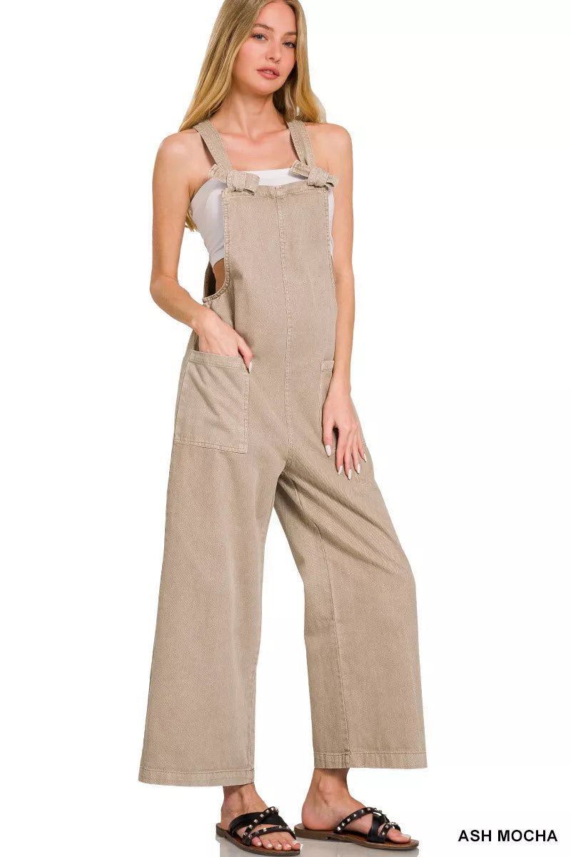 Zenana Washed Knot Strap Pockets Jumpsuit OutfitFlow