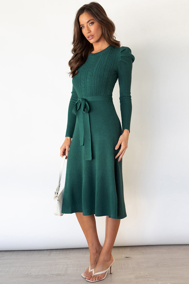 Outfit Flow - Round Neck Long Sleeve Tie Waist Sweater Dress