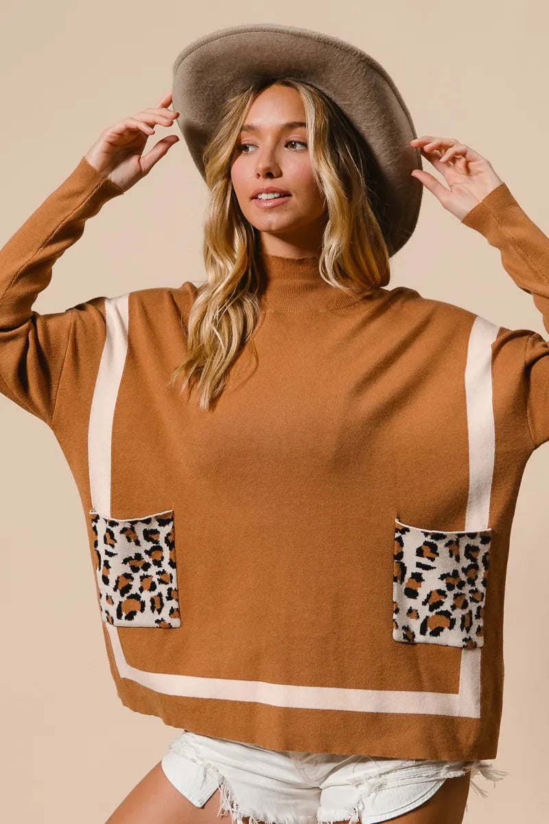 BiBi Mock Neck Sweater with Leopard Pocket OutfitFlow