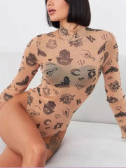 Printed Mock Neck Long Sleeve Bodysuit Dust Storm OutfitFlow