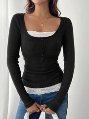Lace Detail Long Sleeve T-Shirt Black OutfitFlow