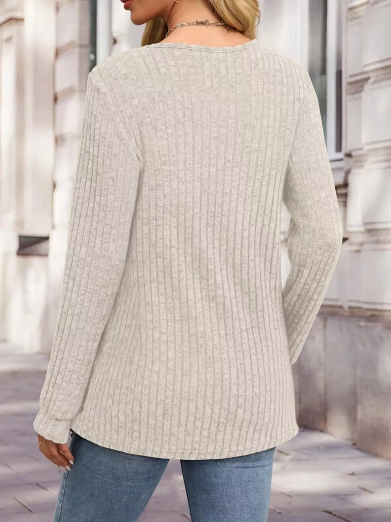 Ribbed Knit Button-Front Long Sleeve T-Shirt OutfitFlow