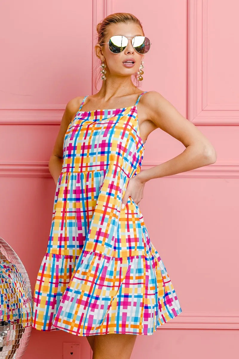 BiBi Multi Colors Plaid Sleeveless Sun Dress OutfitFlow