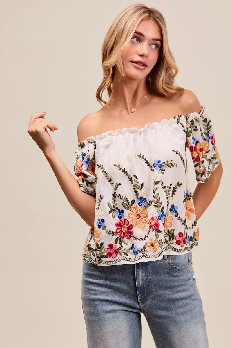 SO ME Floral Embroidered Two Way Off The Shoulder Blouse OutfitFlow