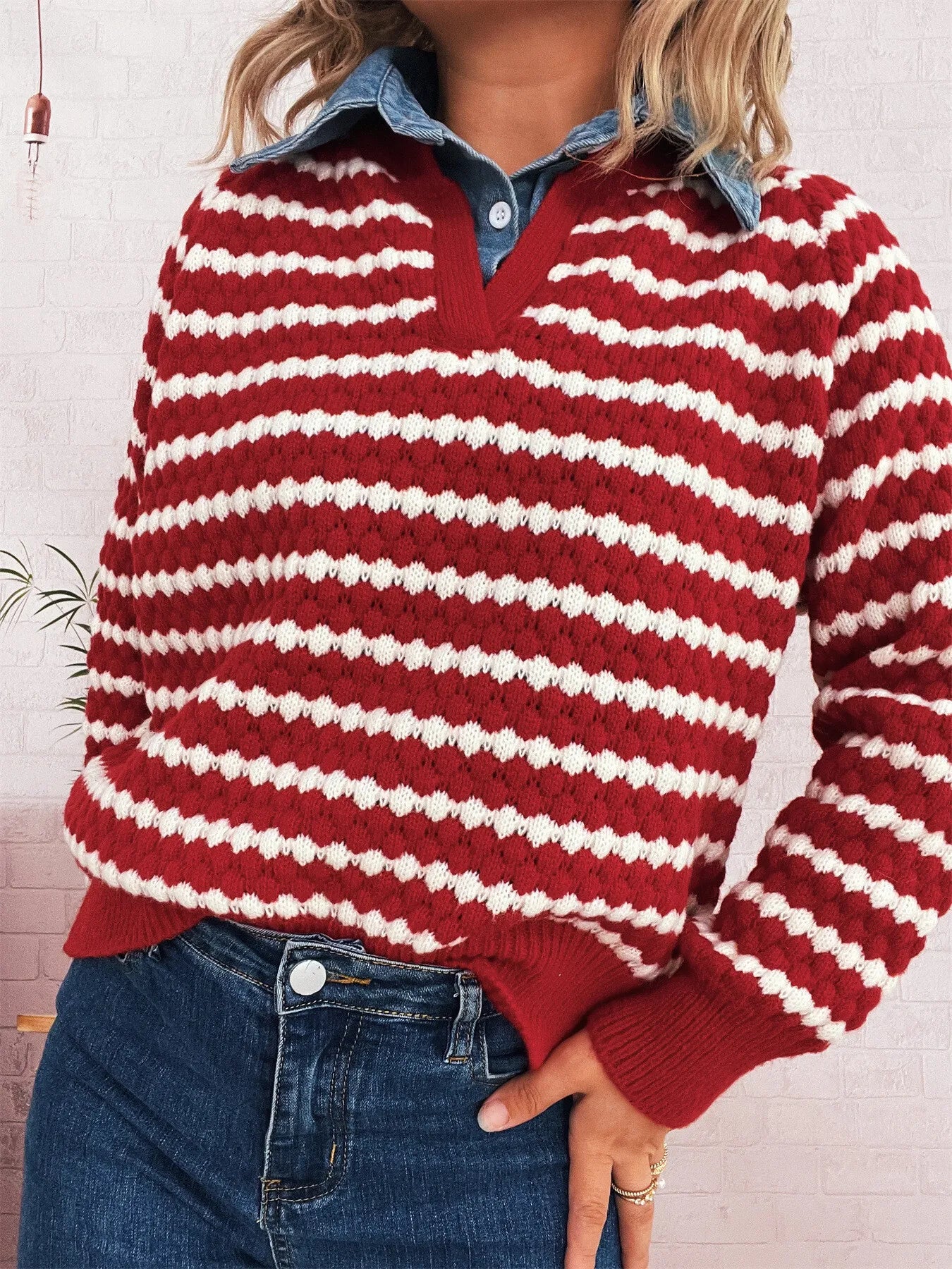 Contrast Striped Sweater with Denim Collar OutfitFlow