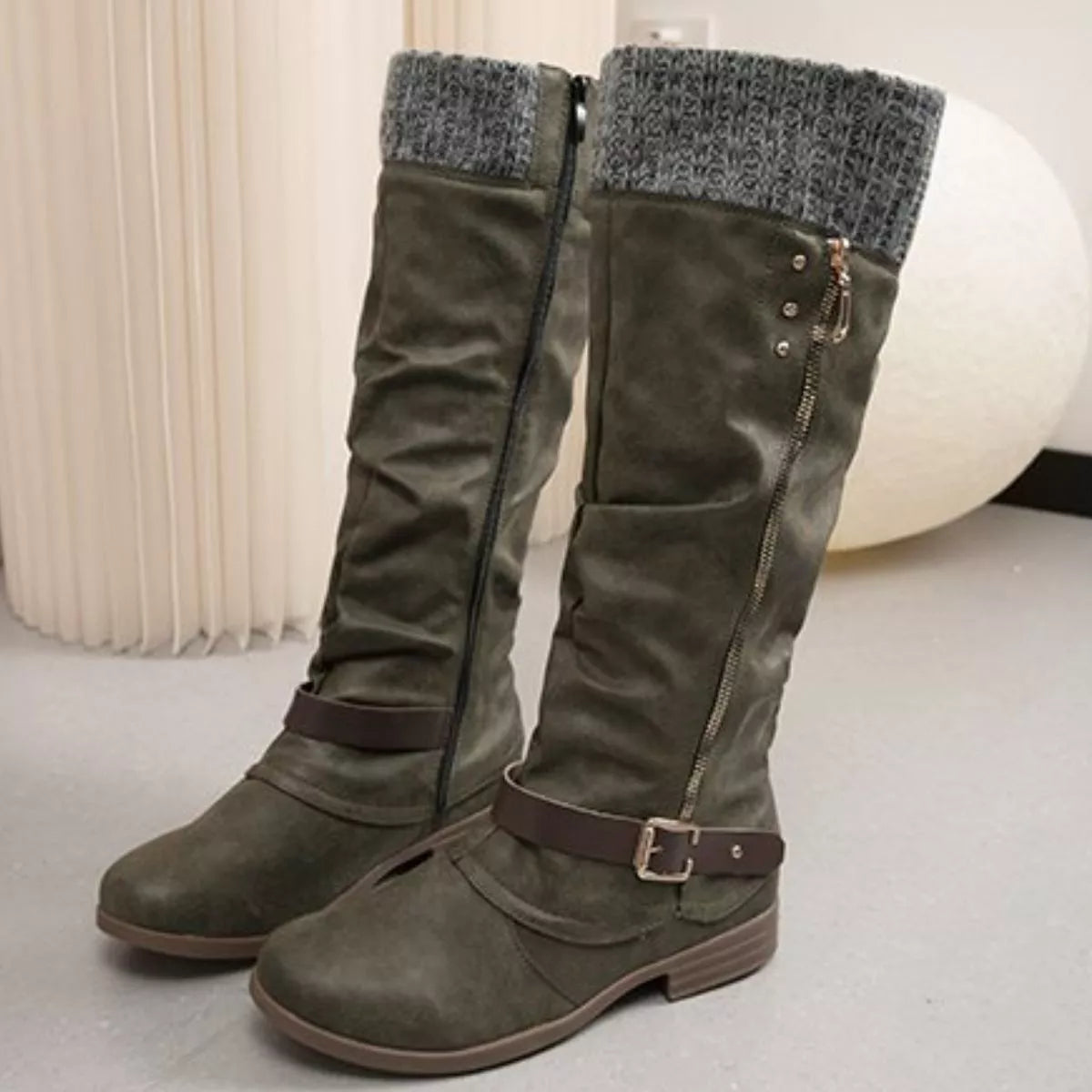 Knee High Slouch Boots with Knit Cuff Matcha Green OutfitFlow