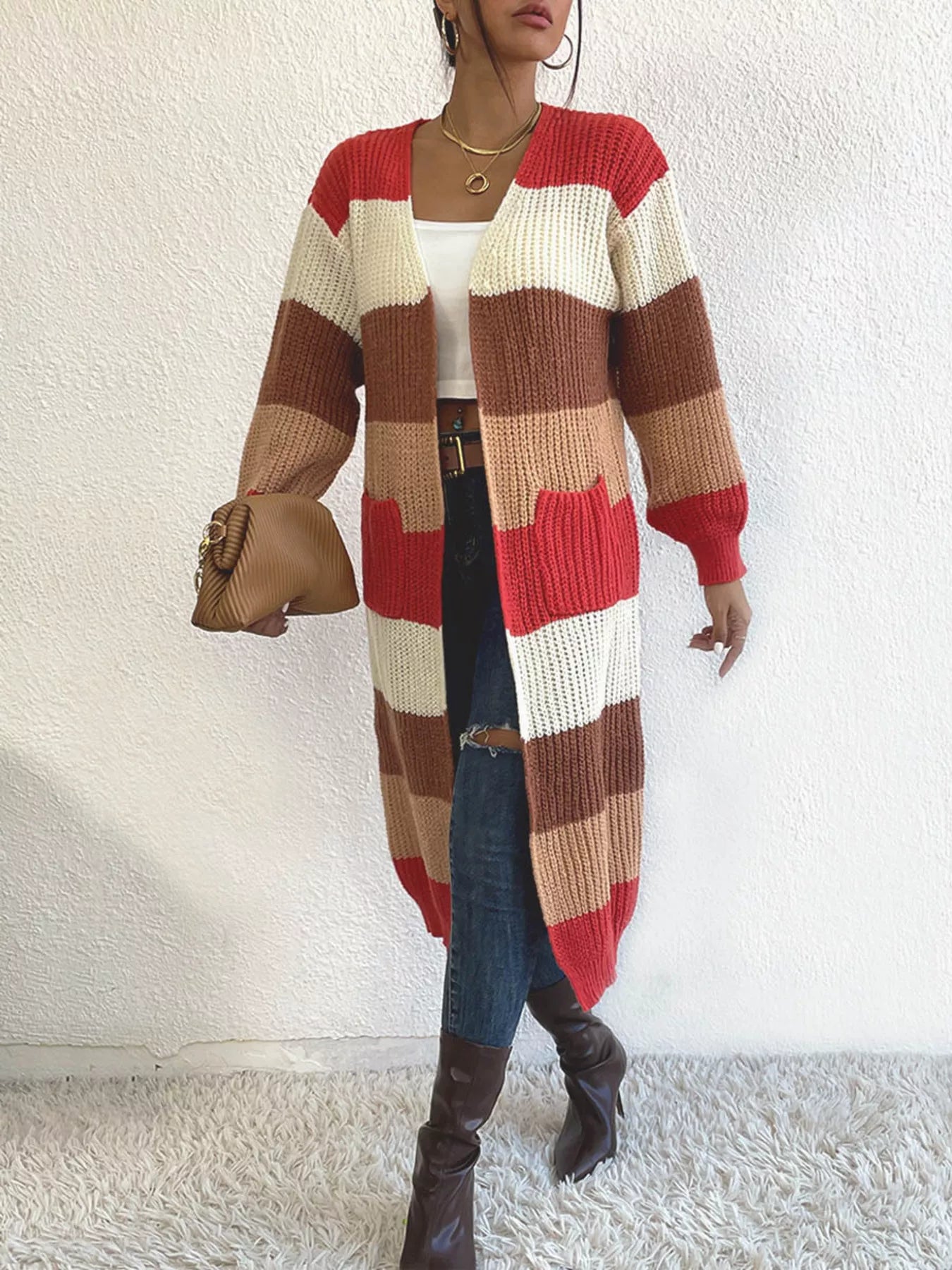 Striped Color Block Open Front Knit Cardigan Trendsi