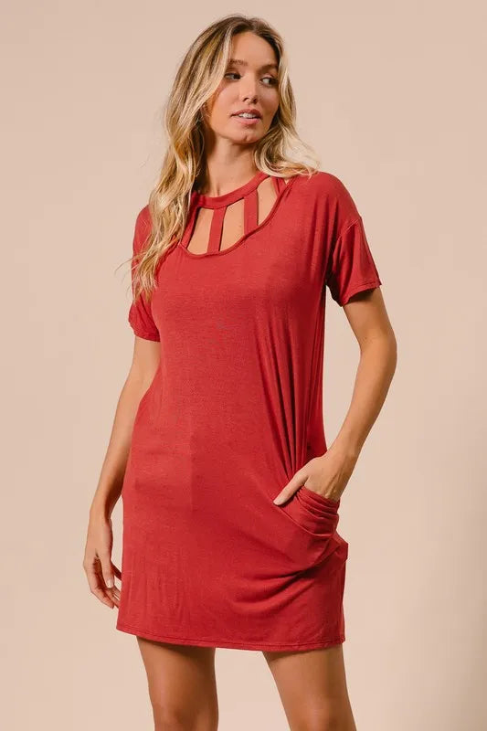 BiBi Front Cutout Mini Tee Dress with Pockets OutfitFlow