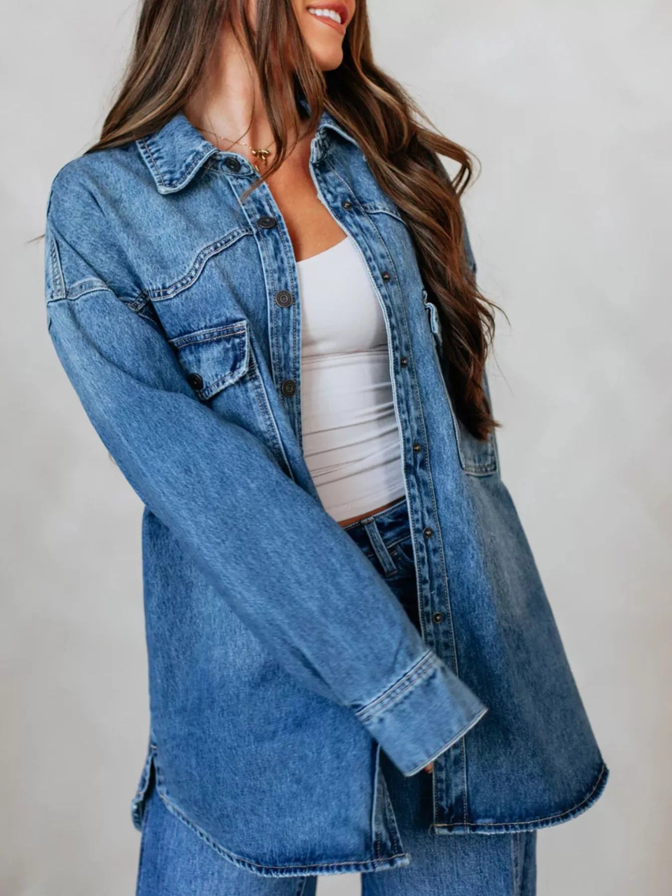 Snap Down Dropped Shoulder Denim Jacket OutfitFlow