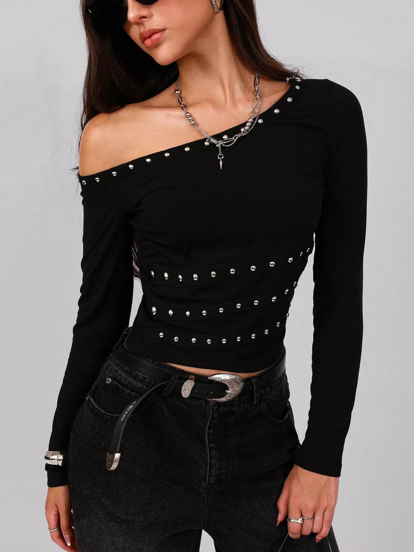 Studded One Shoulder Long Sleeve T-Shirt OutfitFlow