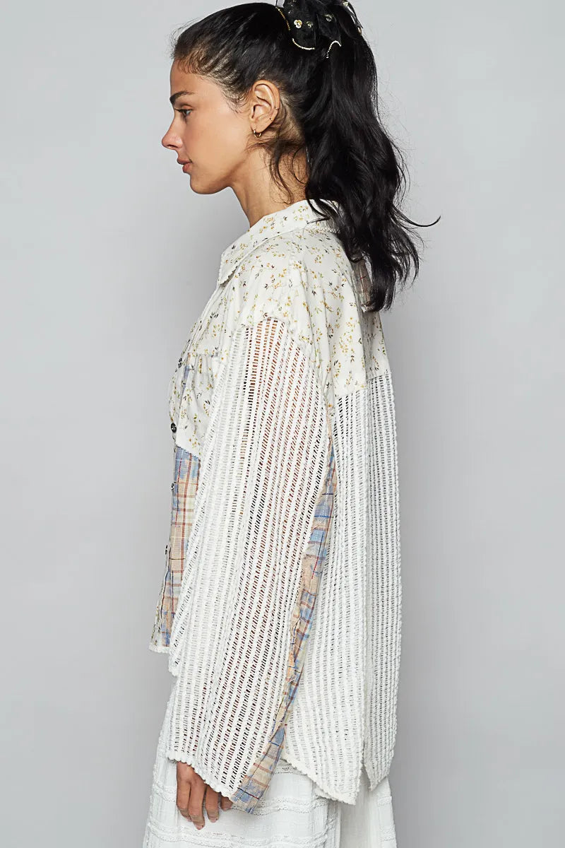 POL Floral Slit Back Plaid Patchwork Shirt OutfitFlow