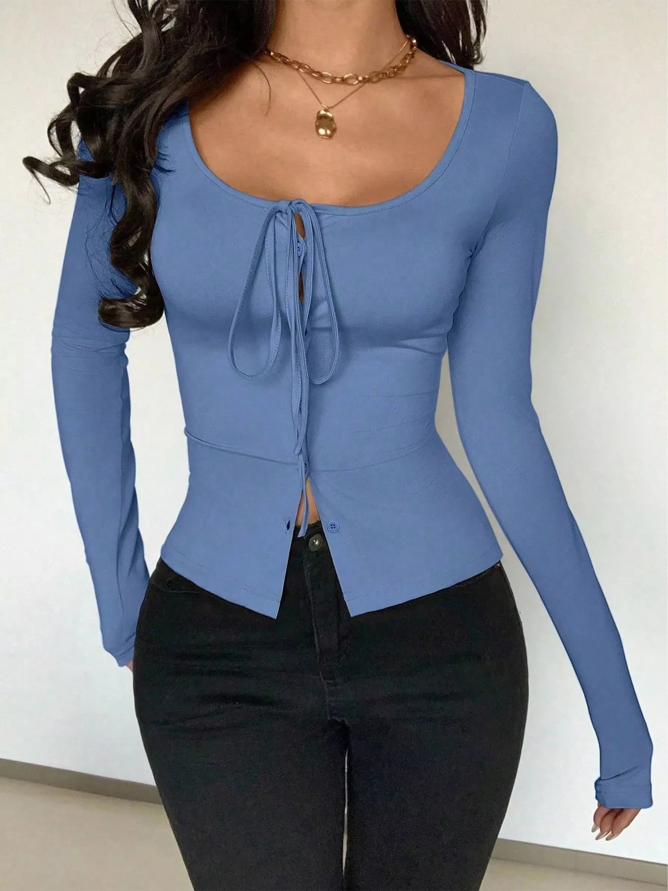 Long Sleeve Scoop Neck Tie Front T-Shirt OutfitFlow