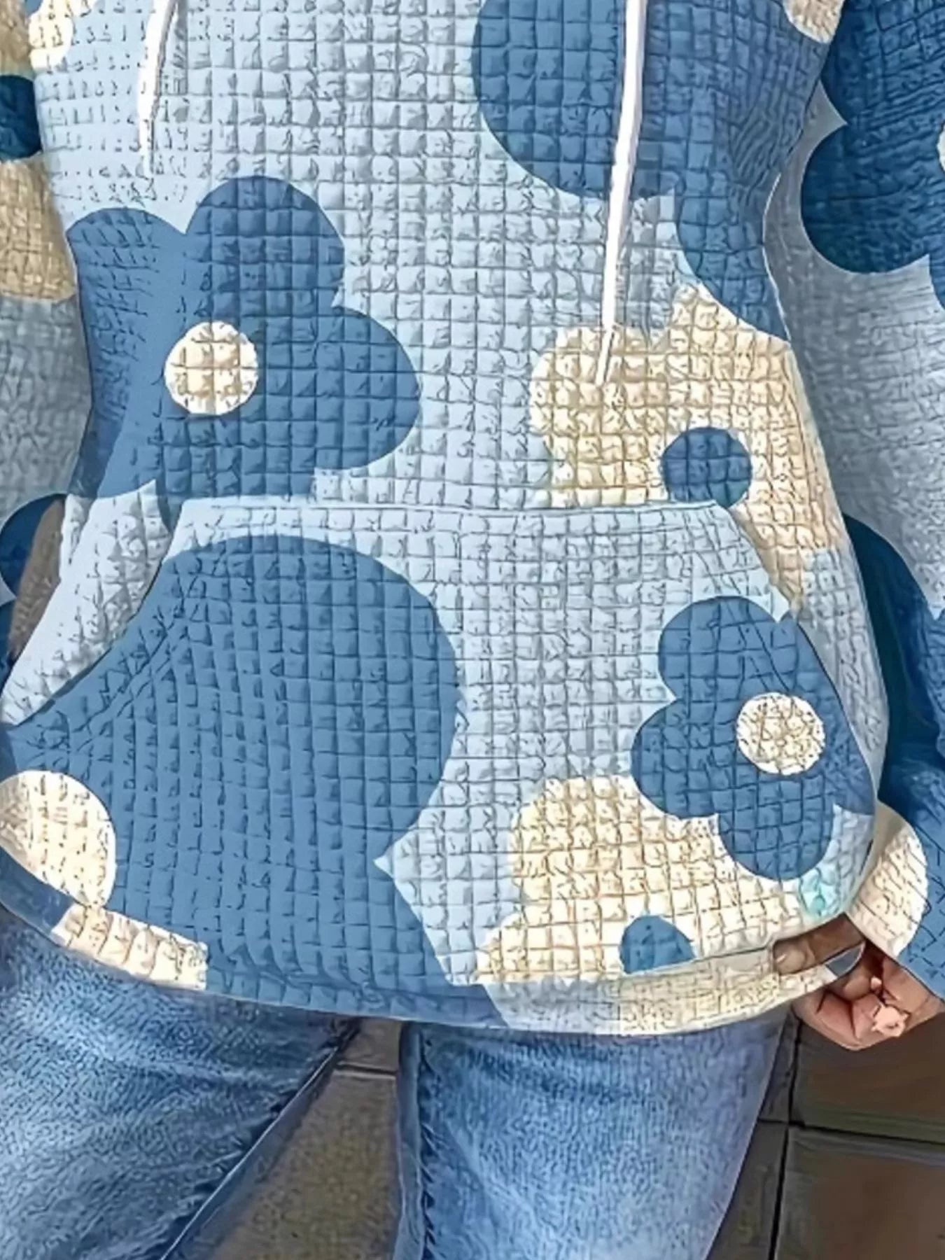 Floral Print Textured Drawstring Hoodie OutfitFlow