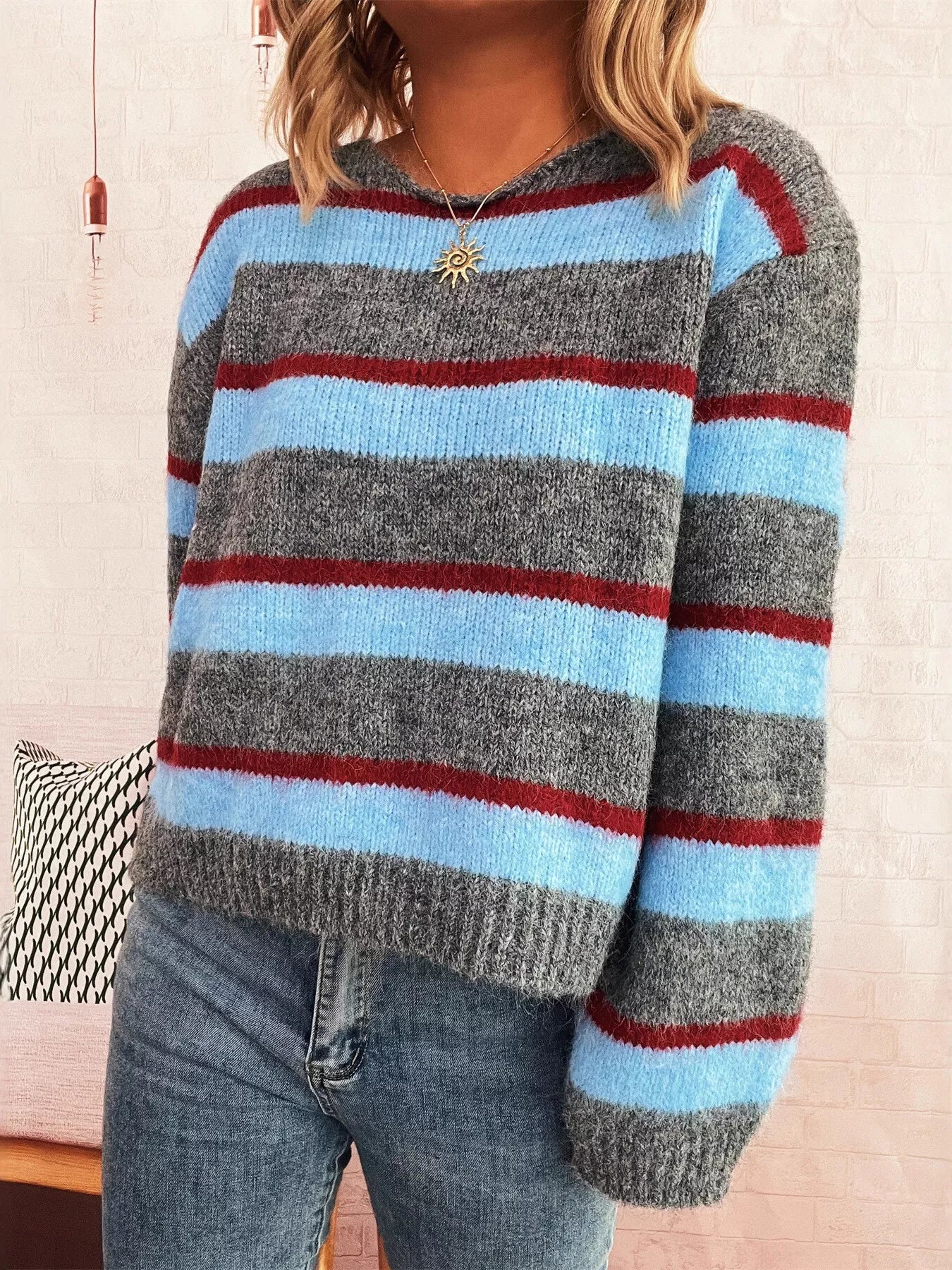 Striped Round Neck Long Sleeve Sweater OutfitFlow