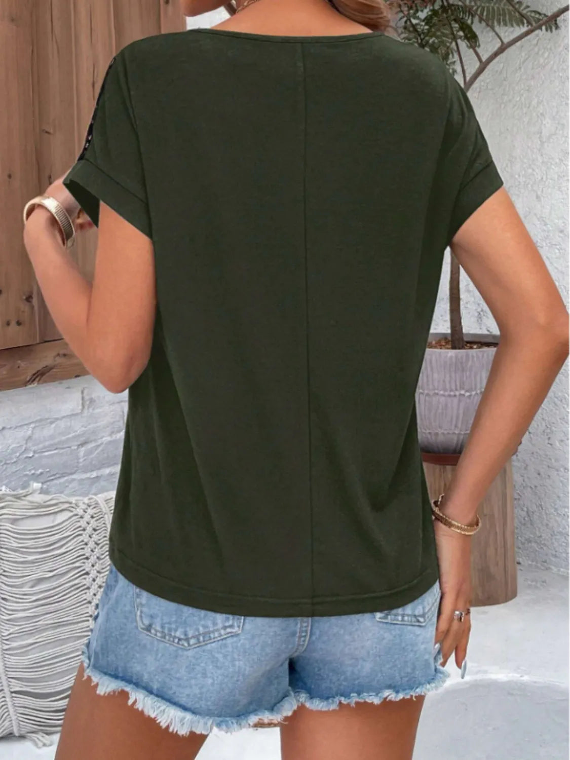 Lace Round Neck Short Sleeve T-Shirt OutfitFlow