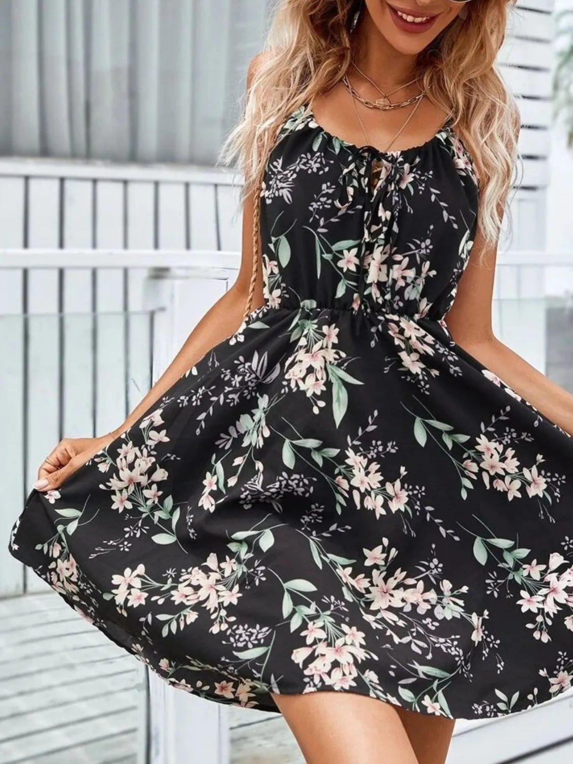 Floral Print Spaghetti Strap Summer Mini Dress OutfitFlow