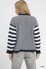 Umgee Ruffle Neck Stripe Sweater OutfitFlow