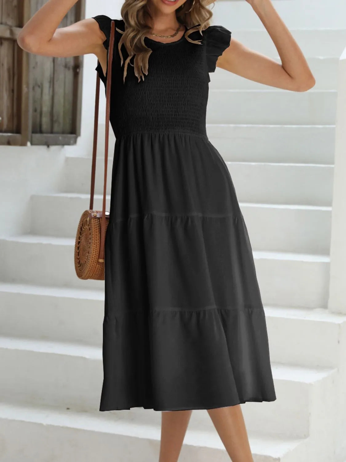 Ruffled Round Neck Cap Sleeve Dress Black OutfitFlow