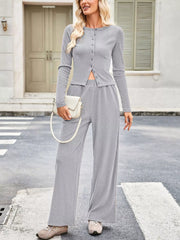 Button-Up Top & Wide Leg Pants Set Gray OutfitFlow