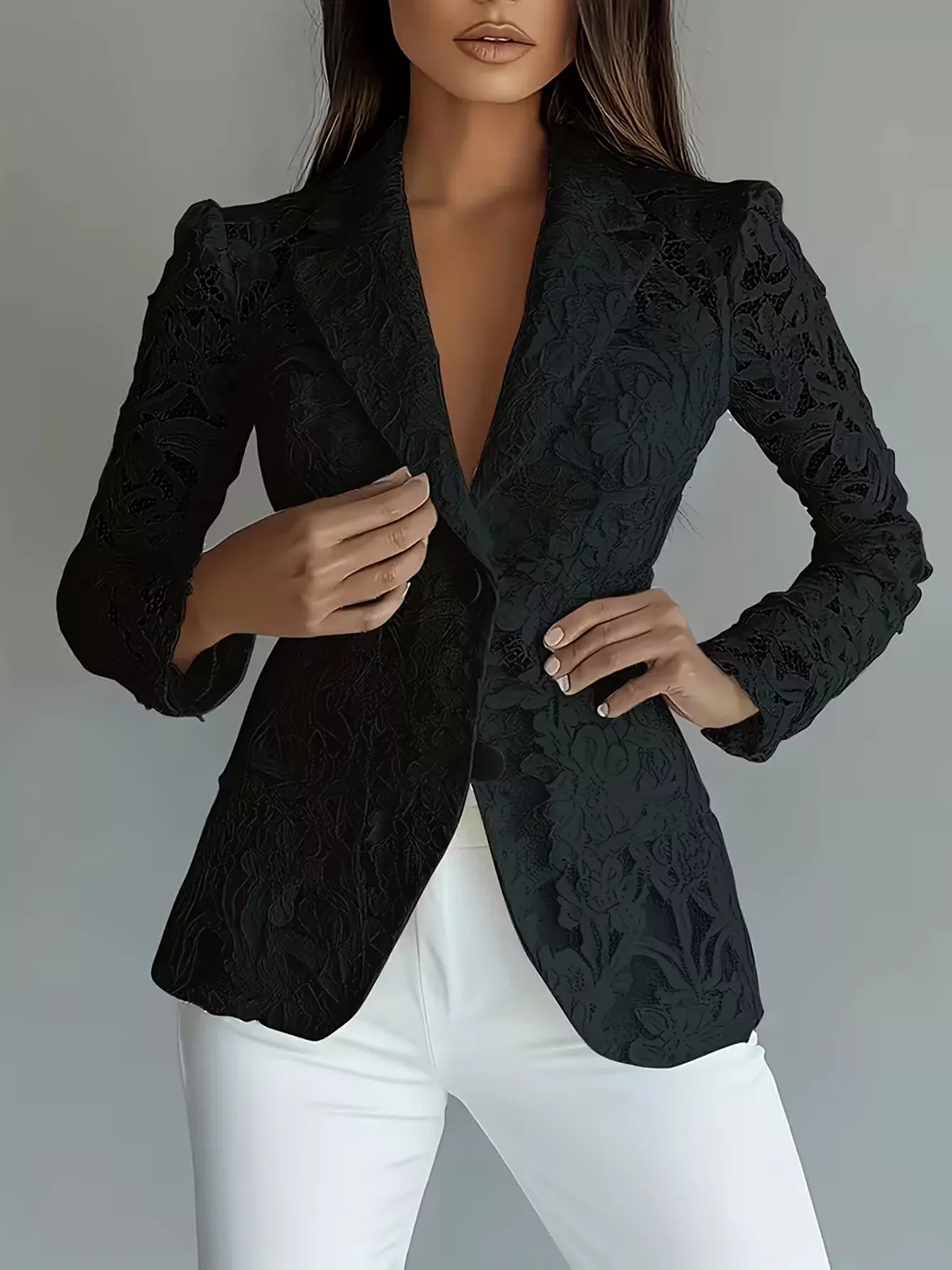 Lace Button Up Fitted Blazer Black OutfitFlow