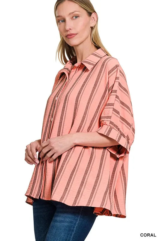 Zenana Woven Yarn-Dye Stripe Oversized Button Down Shirt OutfitFlow