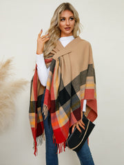 Outfit Flow - Fringe Contrast Plaid Poncho