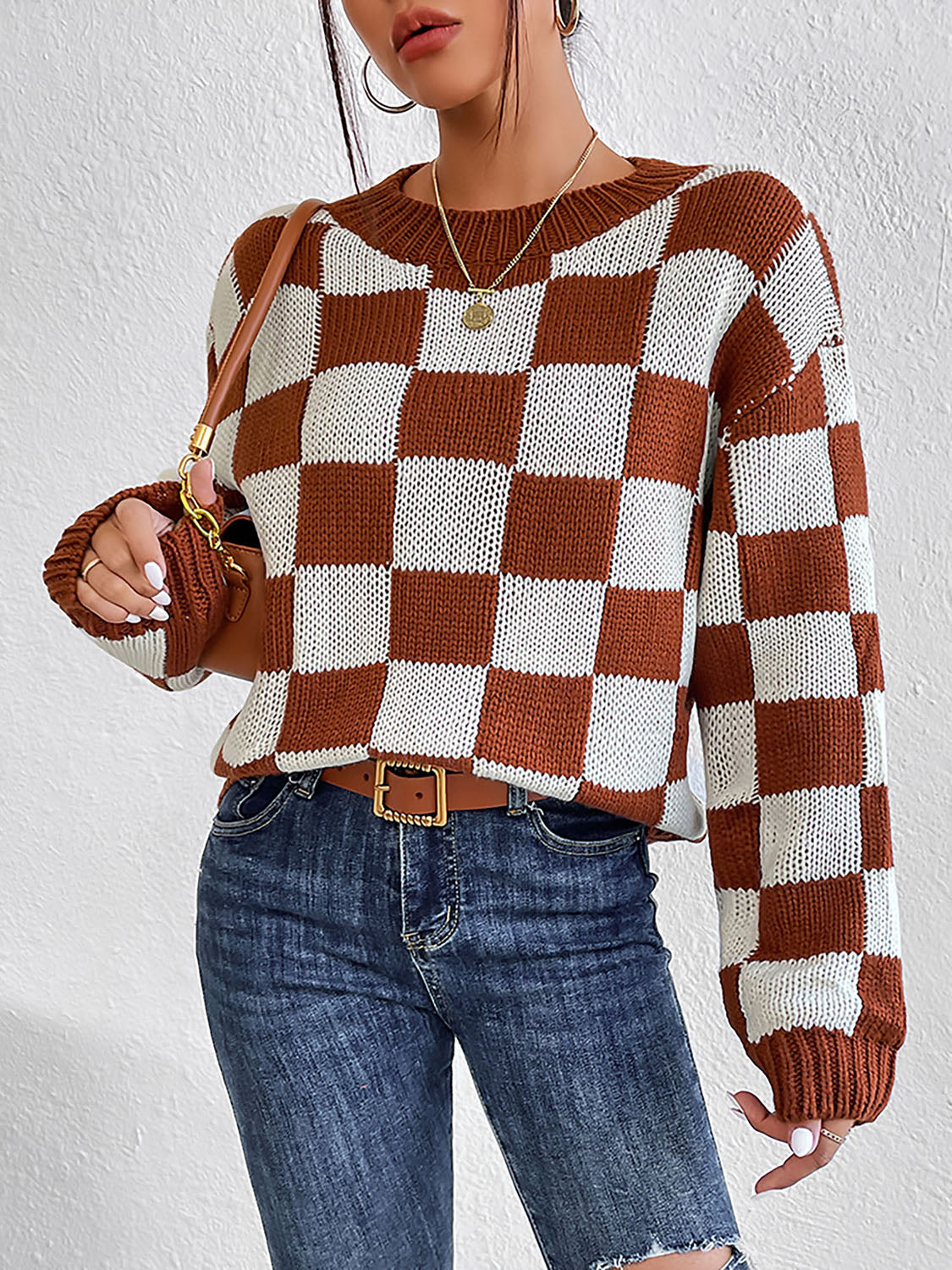 Checkered Round Neck Sweater Chestnut OutfitFlow
